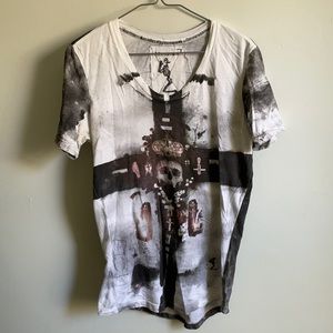 Religion sz xs black white skull print tshirt